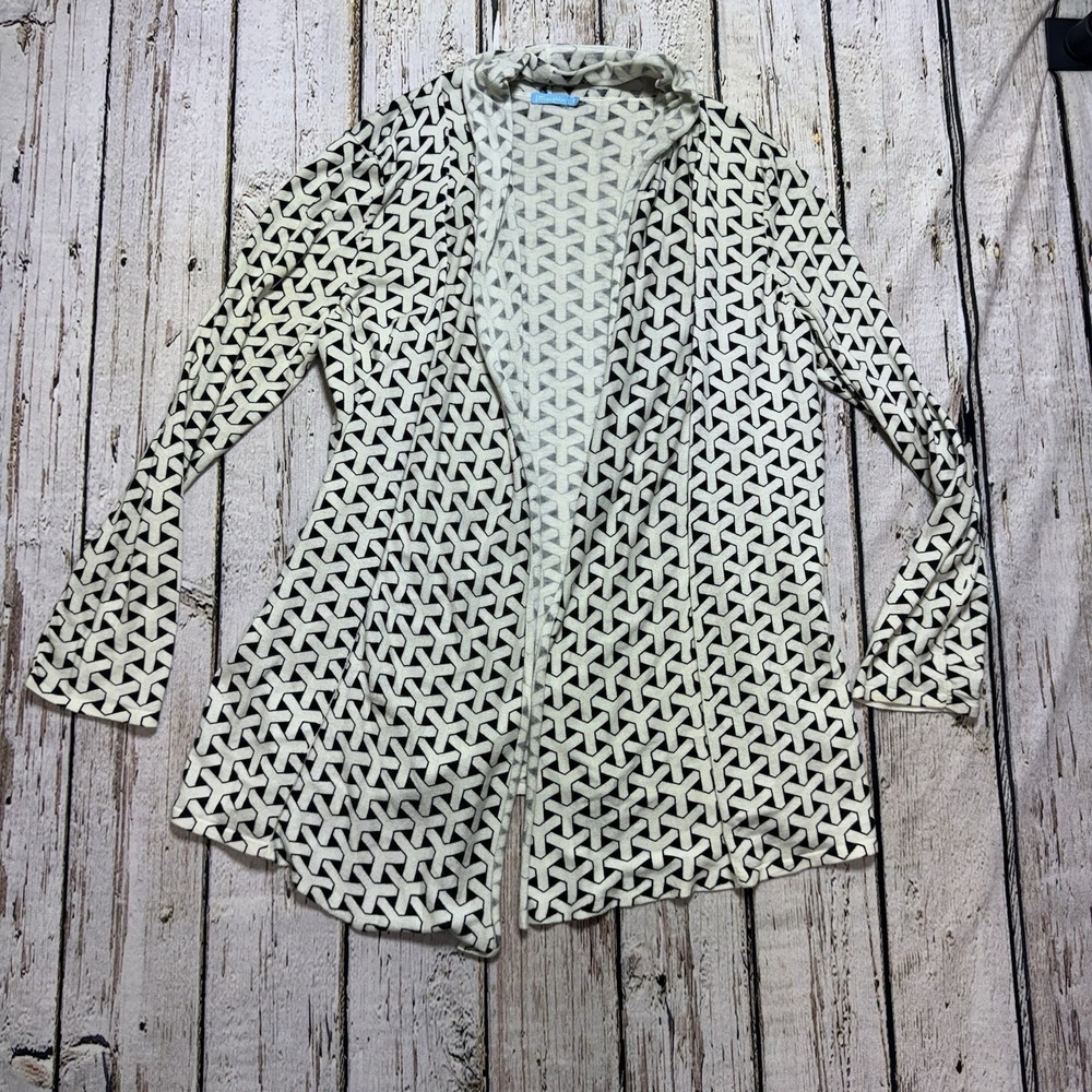 J McLaughlin Sweater Womens S Cardigan Open White Black Cotton Print Lightweight